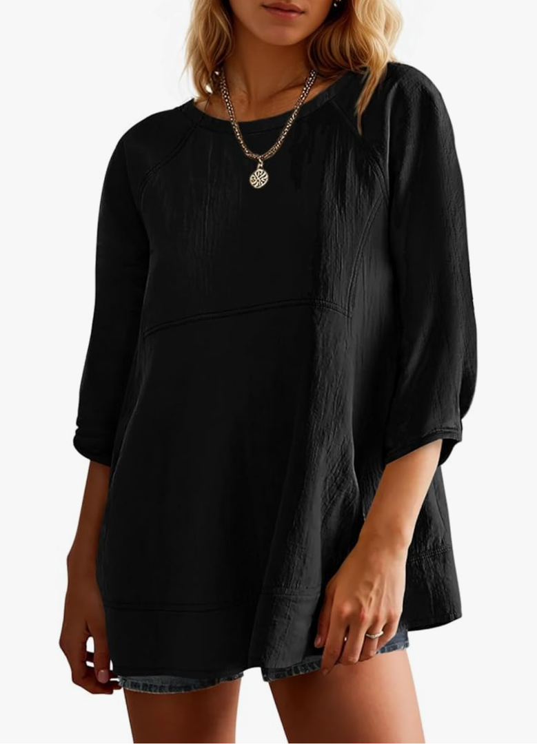 Tankaneo Womens 3/4 Sleeve Tunic Tops Casual Summer Peplum Flowy Oversized Babydoll Blouse Shirts Size S