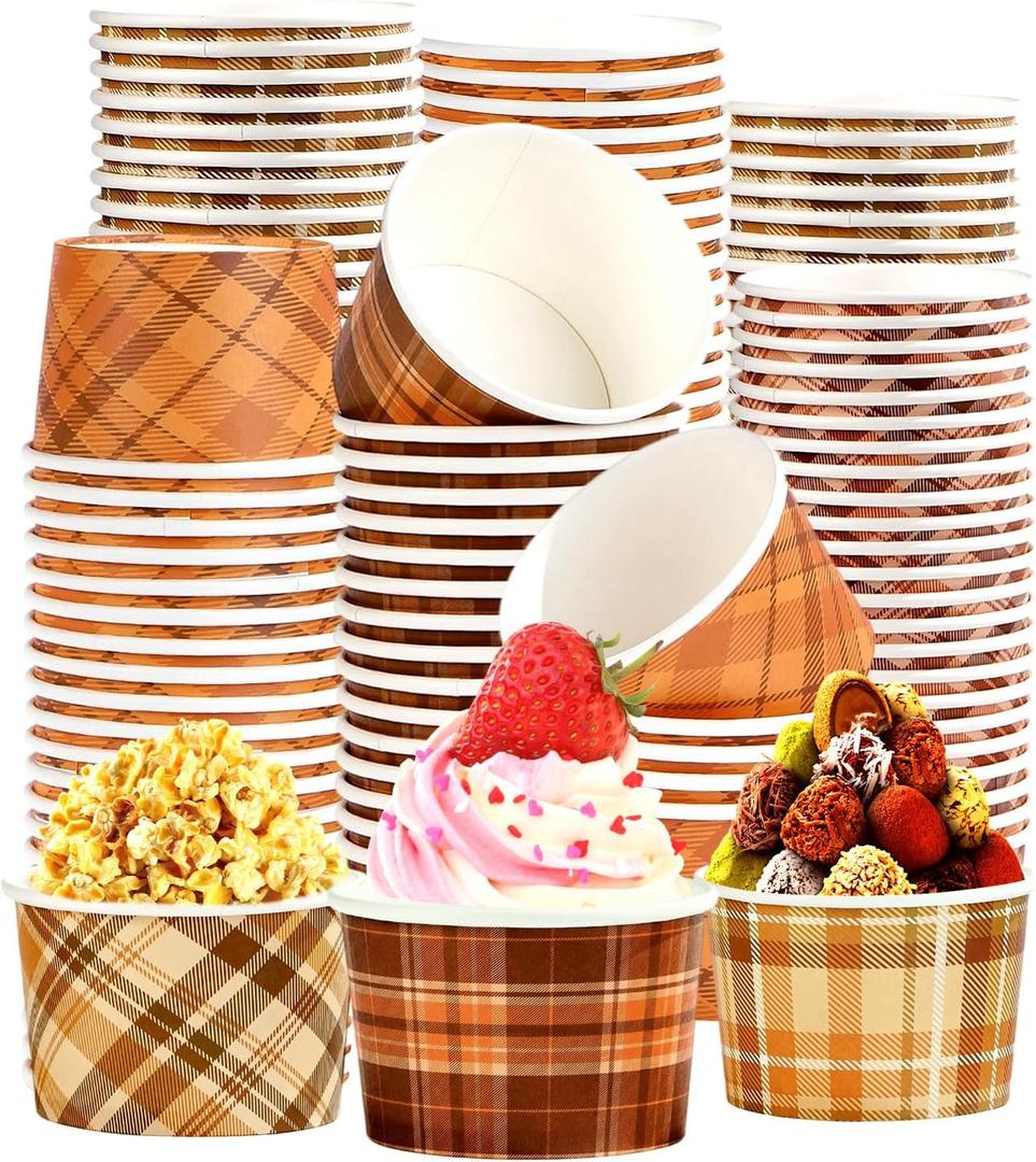 Grencian 120 PCS Fall Paper Cups 12 oz Thanksgiving Orange Brown Gingham Snack Bowls Disposable 4 Colors Dessert Cups for Fall Thanksgiving Holiday Harvest Party Snacks Dessert Candies Party Supplies