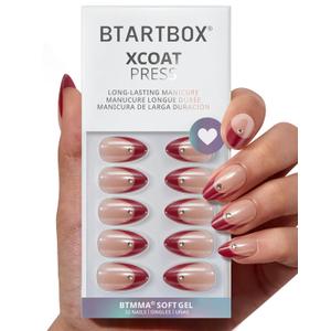 BTArtbox Press On Nails Short - Audrey's Ruby, Red Chrome Almond Light Red French Tip Press On Nails with Glue and Adhesive Tabs for Women, Soft Gel Glue On Nails in 16 Sizes - 32 Stick On Nails Kit