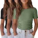 3 Pack Girls Short Sleeve Shirts Summer Slim Fit Crew Neck Tops Ribbed Knit Side Ruched Tees Basic Clothes for Kids (11-12 Years, Black, Mocha, Matcha Green)