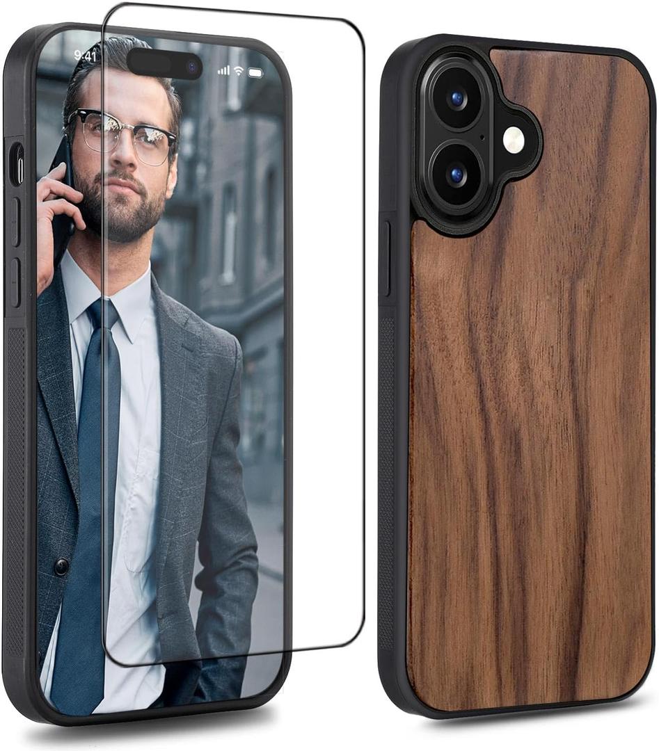 Wood Case for iPhone 17- Real Natural Wood,- Slim Shockproof Hybrid Wooden Cover (Walnut, iPhone 17)