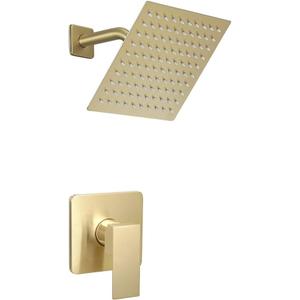 Brushed Gold Shower Faucet Set Bathroom Rainfall 8 Inch Shower Head System Single Handle Shower Trim Kit with Rough-in Valve (6.7 Inch shower arm, Brushed Gold)