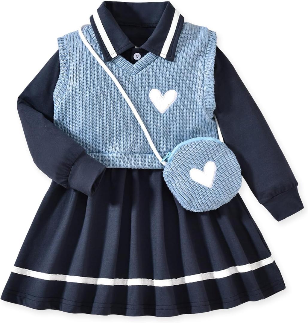 Toddler Girl Long Sleeve Button Down Collared Shirt Dress Sleeveless Vest Sweatshirt with Cute Bag 3 Pieces Outfits (4-5T, Navy Blue)