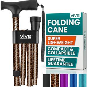 Vive Folding Cane - Foldable Walking Cane for Men, Women - Fold-up, Collapsible, Lightweight, Adjustable, Portable Hand Walking Stick - Balancing Mobility Aid - Sleek, Comfortable (Leopard)