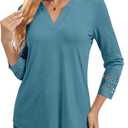 Womens 3/4 Length Sleeve Tops V Neck Lace Tunic Tops Dressy Casual Shirts Loose Fit 2025 Trendy Business Blouses (Blue, L)
