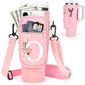 Initial Water Bottle Holder with Strap for Stanley Cup Accessories 40 oz Tumbler/Simple Modern Tumbler Bag, Water Bottle Carrier Bag with Strap for Men Women Gift Hiking, Travel, Camping, Walking Gym (Pink)