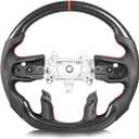Steering Wheel for Dodge Ram 1500 2019-2024 Hydro-dip Carbon Fiber D-shaped Racing Steering Wheel with Nappa Perforated Leather Grip Hand-stitched for Ram 1500 without Paddle Shifter