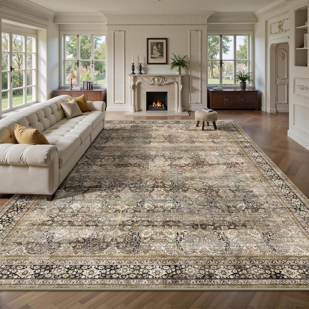 8x10 Area Rugs for Living Room - Washable Vintage Retro Large Rug, Soft Ultra Thin Non Slip Low Pile Traditional Distressed Boho Carpet for Bedroom Dining Room Home Office, Charcoal Olive