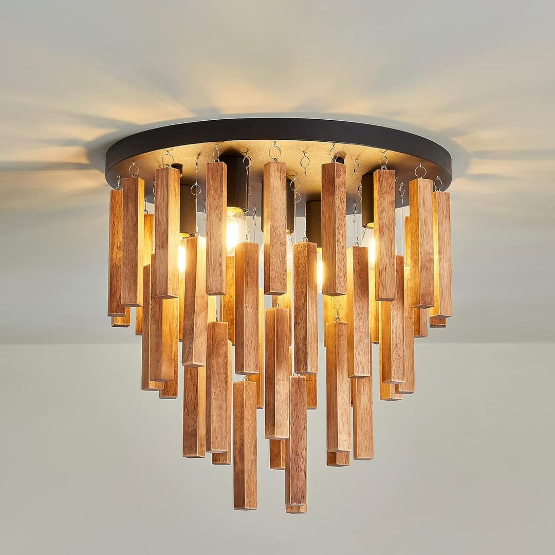 5-Light Semi Flush Mount Ceiling Light Fixture Rustic Wood Chandelier Retro Ceiling lamp Oak and Black with E26 for Farmhouse Kitchen Living Room Entryway Bedroom Dining Room Bathroom.