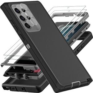 YKHJKLEC for Samsung Galaxy S22 Ultra Case, Military Grade Shockproof/Drop Proof/Dust Proof Case with 2Pcs Self Healing Flexible TPU Screen Protector & Camera Lens Protector (Black/Grey)