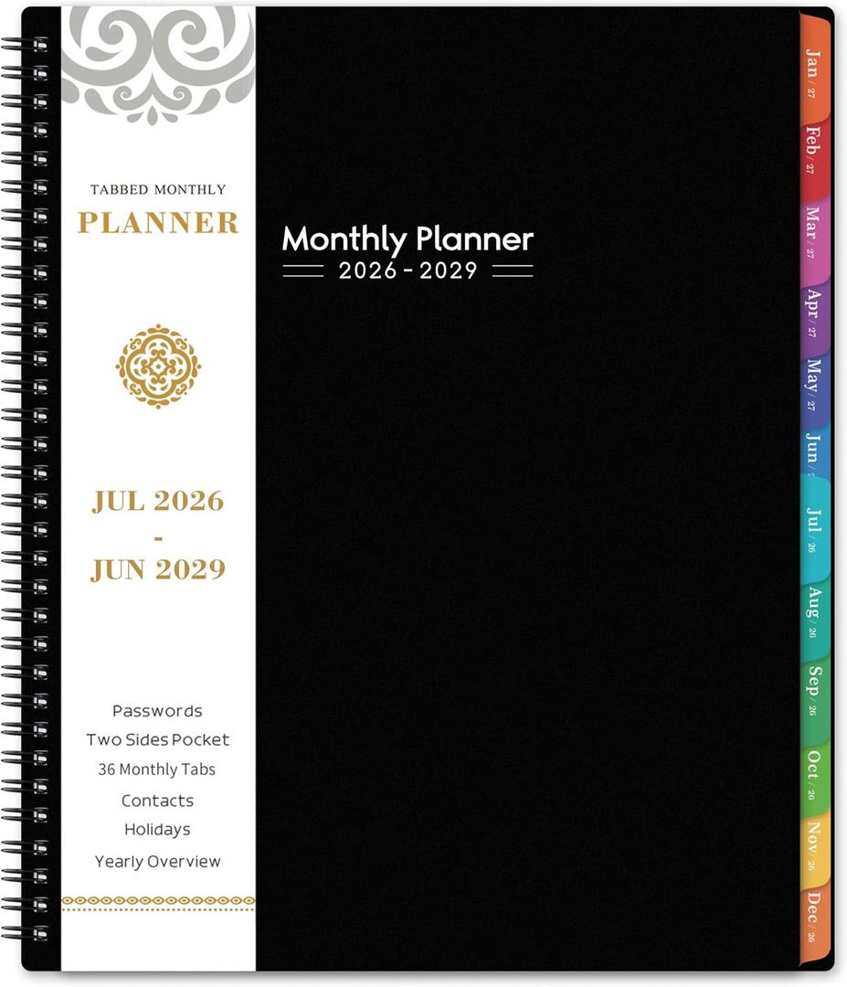 2026-2029 Monthly Planner/Calendar - 3 Year Planner 2026-2029, JULY 2026 - JUNE 2029, 36-Months Monthly Planner, 9" x 11", 3 Year Calendar Planners with Colorful Tabs, Pocket, Inner Pocket - Black