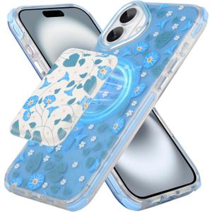 tharlet Magnetic for iPhone 16 Case with Card Holder [Compatible with Magsafe][ with Wireless Charging Wallet] Blue Flower Floral Printed Pattern Clear Case for iPhone 16 Case, Blue (6.1")