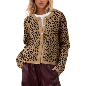 Leopard Cardigan Long Sleeve Open Front Button Up Cheetah Print Top Leopard Sweater Coat Cropped Cardigan Jackets (S)