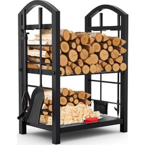 AMAGABELI GARDEN & HOME Firewood Rack Indoor with Tools 5-Piece Fireplace Tools Set Wood Holder Outdoor Wrought Iron Log Holder Heavy Duty Firewood Storage Rack for Fireplace,Fire Pit,Wood Stove Black