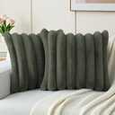 FUTEI Olive Green Decorative Throw Pillow Covers 18x18 Inch Set of 4, Square Soft Faux Rabbit Fur Big Striped Cushion Cover,Home Decor for Couch Sofa Bed Living Room