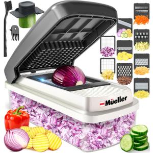 Mueller Vegetable Chopper Mandoline Slicer, Food Veggie Chopper, Cheese Grater, Onion Vegetable Cutter with Container, Dicer, Kitchen Gadgets & Essentials, White Sand/Grey (9 blade, White Sand/Grey)