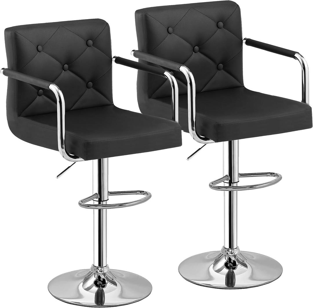 VECELO Bar Stools, Adjustable Bar Stools Set of 2, Counter Height Barstool with Back and Arms, Swivel PU Leather Bar Chairs for Kitchen/Island, Black