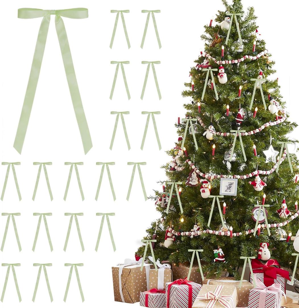 24 Pieces Satin Ribbon Bows 6 x 12 Inch Large Twist Tie Christmas Tree Bow for Gift Wrapping Bottle Balloon Treat Bag DIY Craft Wedding Bridal Baby Shower Birthday Party Decoration (Sage Green)