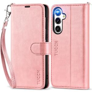 TUCCH Wallet Case for Galaxy S23 FE, [Wrist Strap] PU Leather Kickstand [RFID Blocking] Card Slot Folio with TPU Shockproof Interior Case Compatible with Galaxy S23FE 5G 6.4", Rose Gold with Wristlet