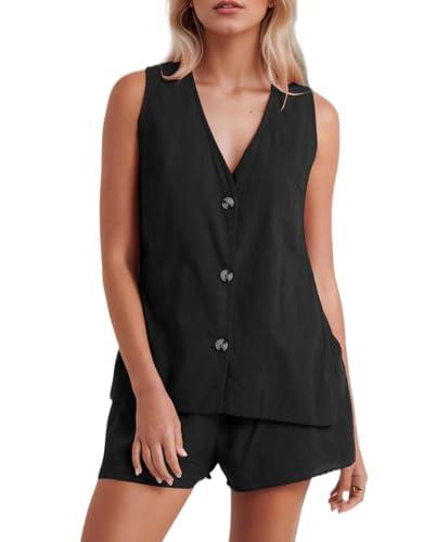 Kedera Womens 2 Piece Suits Set Button Down V Neck Vest Summer Holiday Trendy Sleeveless Tops and Shorts with Pockets B-Black, M