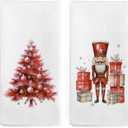 Red Nutcracker Christmas Tree Kitchen Towels Set of 2, Red Nutcracker Decor Hand Towels for Bathroom, Winter Xmas Tree Dish Tea Towel for Kitchen, Christmas Bathroom Decor, 16x24 Inch