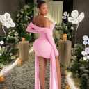 Womens Sexy Strapless Bandage Tube Top Mini Dress Mesh Halter Long Sleeves Ruched Bodycon Cocktail Birthday Slim Short Dress (Pink, XL)