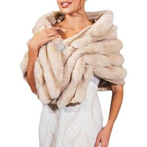 GORAIS Women Wedding Faux Fur Shawl and Wrap Bridal Winter Fur Stole Shrug for Brides and Bridesmaids (Small, Camel)