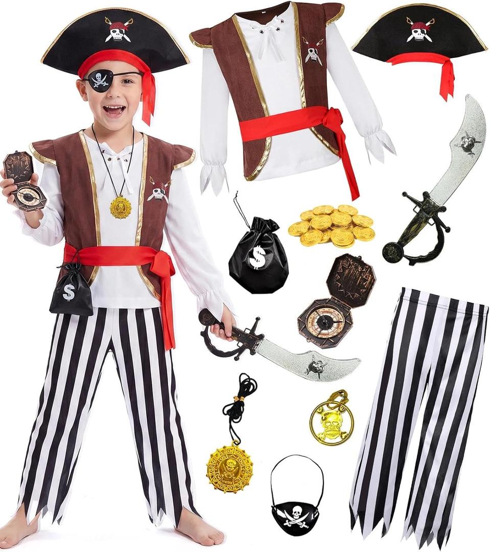 Gorkonpy Pirate Costume Kids Toddler Boys Pirate Costume with Hat and Accessories (8-10 Years)