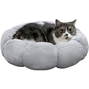 Cat Beds for Indoor Cats, Machine Washable Non-Skid, Fluffy Flower Cat Bed Cute, Anti Anxiety Dog Beds for Toy Size Dogs, 20 * 20 Inches, Grey