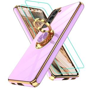 Gritup for Samsung Galaxy S21 Plus Case: with 2Pcs Screen Protector, 360° Rotation Ring Holder Magnetic Kickstand Plating Gold Edge Soft TPU Shockproof Protective Cover for S21 Plus, Light Purple