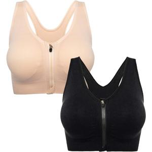 Zip Front Sports Bra - Padded Sports Bras for Women Wireless Post-Surgery Bra Workout Fitness Running (X-Large, #5 2 Packs(Black+Beige))