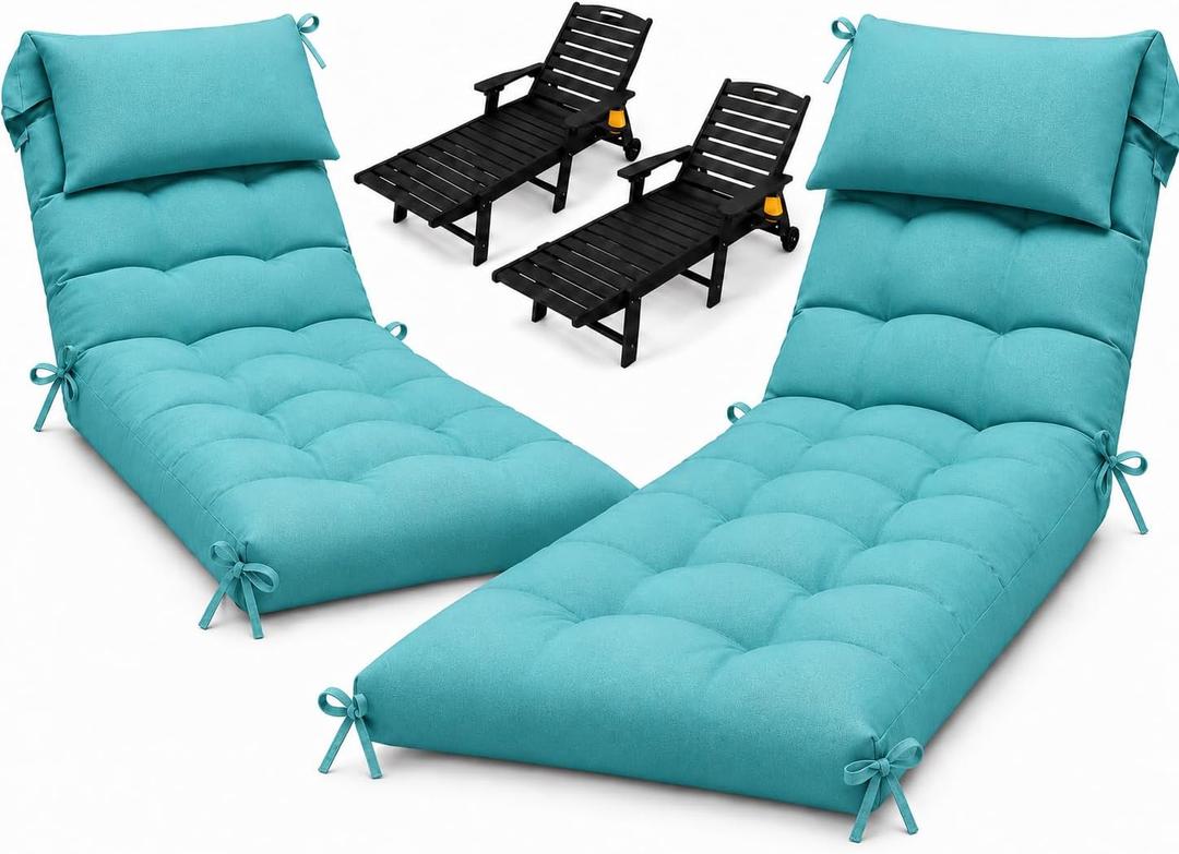 Waterproof Lounge Chair Cushion Set of 2, Outdoor Fade Resistant Chaise Lounger Replacement Cushions with 6 Ties, Thickened Memory Foam Pool Lounge Chair Cushions, 76 x 22 x 4.7 Inches, Teal1#, 2 Pack