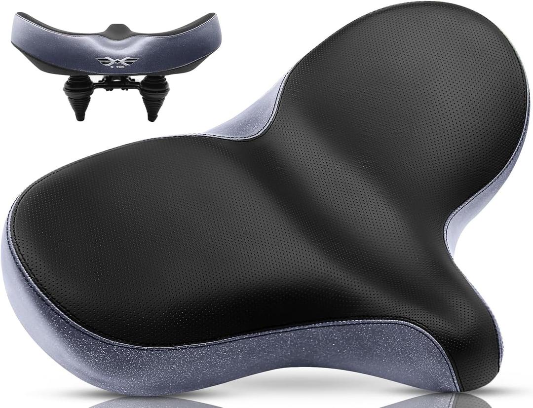 X WING New-Age Noseless Bike Seat Cushion for Men & Women - Extra Padding & Wide - Suitable for City, Electric, Stationary Bikes - Compatible with Peloton Bikes  Wide Winged Bike Seat with Cushion (Black Mega)