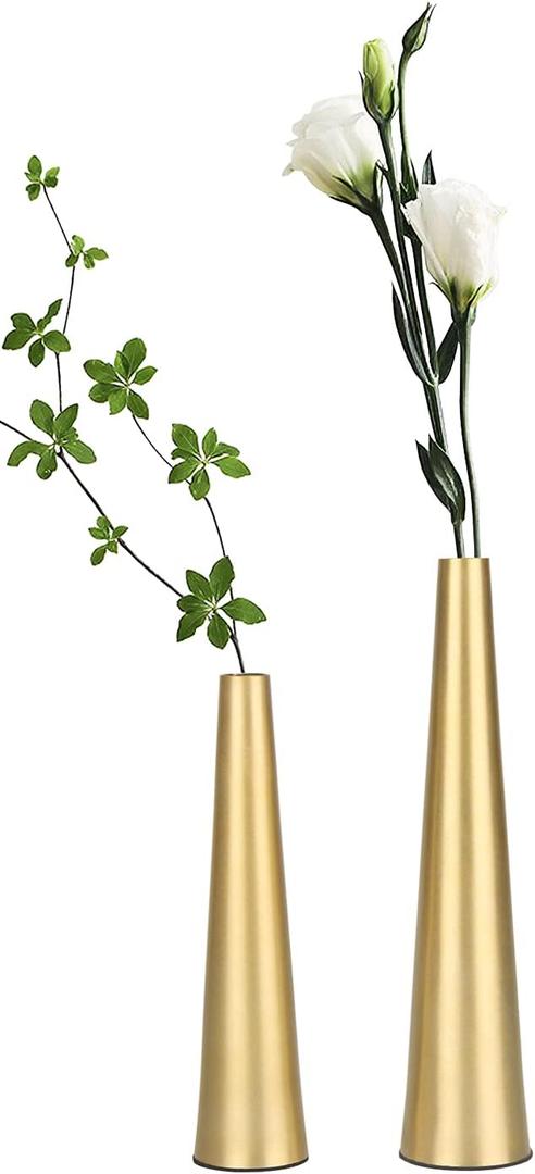 Vixdonos 10.5/8.5 inch Gold Metal Vase Small Dried Flower Vase Set of 2 Taper Vase for Wedding Table Centerpiece Decorations, Home Decor (Gold)