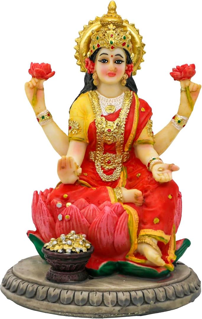 Alikiki Indian Goddess Lakshmi Statue Figurine 5.3”H Lakshmi Idols Statue Murti Laxmi Staue Home Office Temple Mandir Pooja Item Diwali Gifts Diwali Decoration for Home 