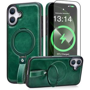 Butaiga for iPhone 17 Leather Case with Stand, Anti-Slip Grip Ring, Fits for MagSafe (Green, iPhone 17)