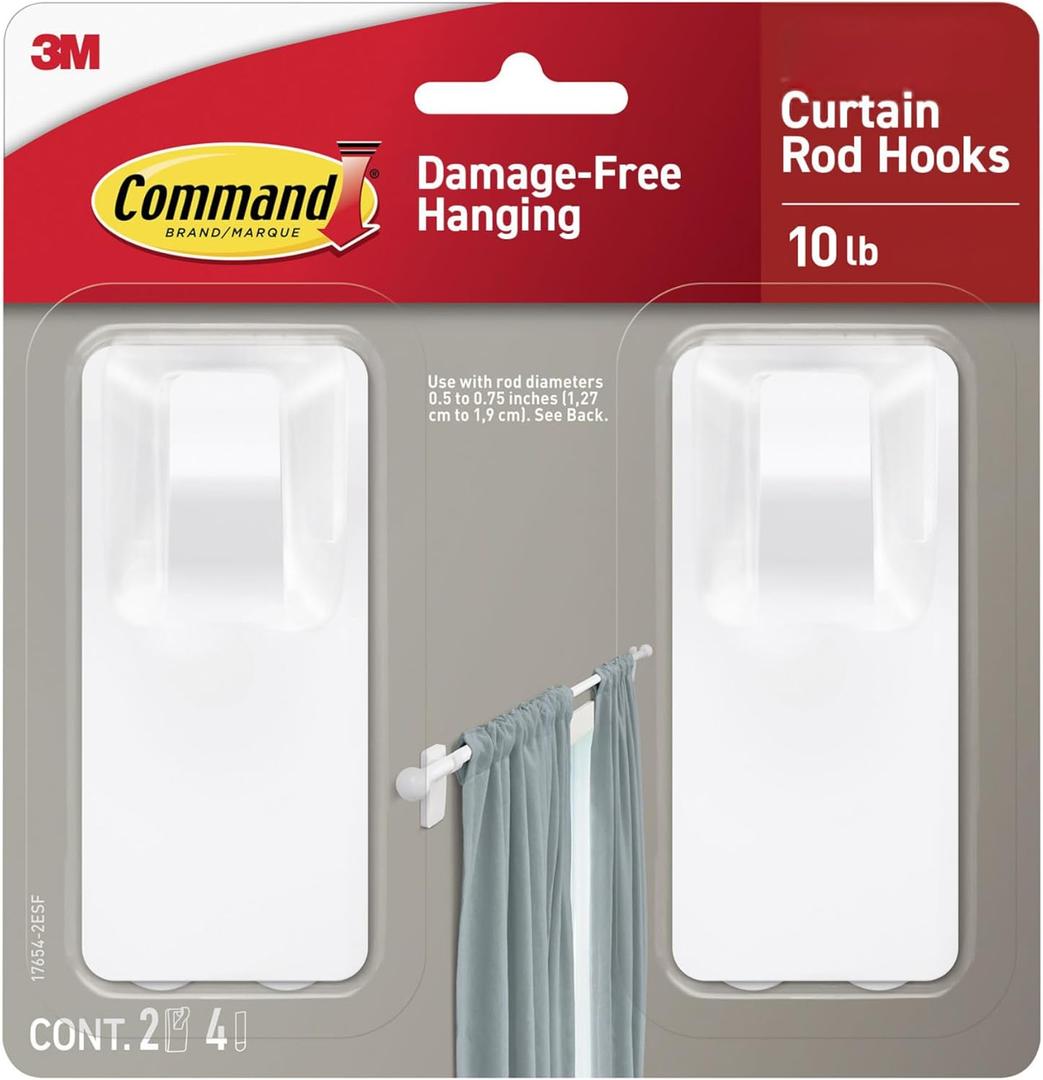 Command Curtain Rod Hooks, Holds 10lb