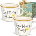 Good Morning Beautiful Handsome Coffee Mug Set of 2, His & Hers Couple Coffee Mug Set 12OZ, Sunshine Gifts for Couple Husband Wife