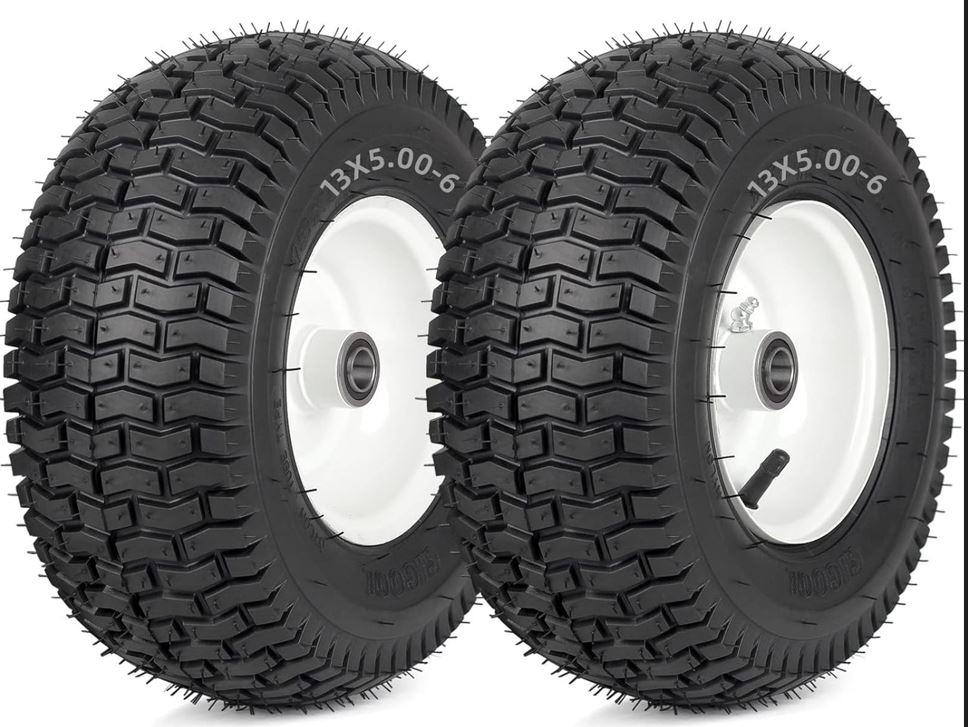 GICOOL 13x5.00-6 Rubber Lawn Mower Tire and Wheel, 2 Pcs Replacement 13x5-6nhs Riding Mowers Lawn Pneumatic Tire with 3/ 4" Bushing, 3" -4.5" Centered Hub