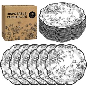 Kochorie 100 Pieces Black Flower Paper Plates 7 Inches Disposable Floral Paper Plates Scalloped Black Chinoiserie Vintage Flower Dessert Plate for Wedding Birthday Holiday Party Decor Supplies