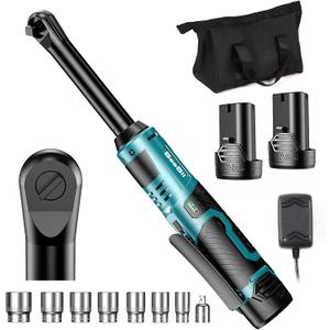 Seesii 3/8" Extended Cordless Electric Ratchet Wrench, 40 Ft-lbs, 6" Long Neck, Quick Release, 220RPM, 2.0Ah Battery & Fast Charger, 7 Sockets, for Car, DIY, Mechanic Repairs (Blue)