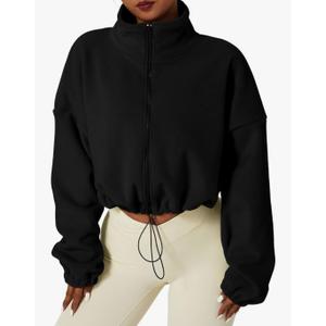 QINSEN Women's Full Zip Fleece Short Jacket Warm Winter Long Sleeve Stand Collar Sherpa Crop Coat, Small