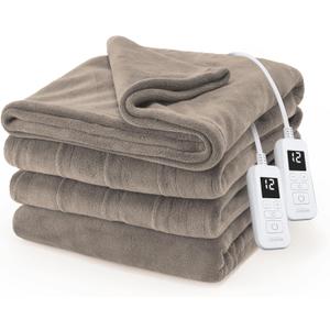Sunbeam Electric Royal Luxe Microplush Heated Blanket, 12 Heat Settings, 12-Hour Auto Shut-Off, Fast Heating, Warm & Cozy, Machine Washable, Mushroom Color, King (90" x 100")