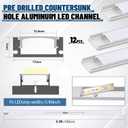 Glooglitter 12 Pack 3.3ft Pre-drilled Countersunk Hole LED Channel Diffuser U Light Strip Aluminum Track with Cover Screw End Cap Easy Cut Tight Flush Mounted Cabinet Tape Light Strip(Milky White), 3.3 ft x 0.49 in x 0.67 in
