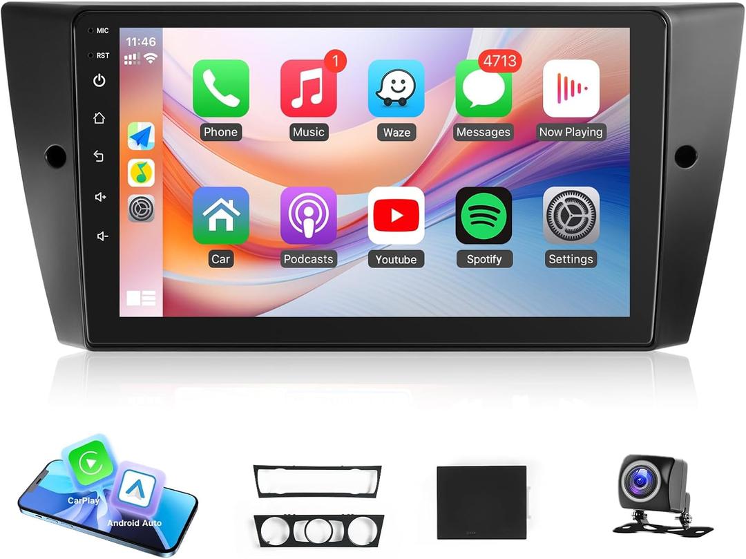 Car Stereo for BMW 3 Series 328i 335i 325i E90 E91 E92 E93 2005-2011 Radio Wireless CarPlay Android Auto, Leadfan 9-in IPS Touch Screen for BMW 328i Stereo BT/FM DSP/GPS/WiFi/SWC + CANBUS + Camera
