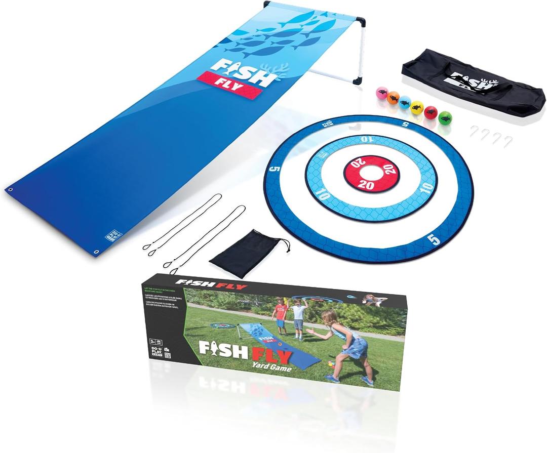 Fish Fly Ball Ramp Game - 6 Balls, 3 Target Rings, 1 Fish Fly Ramp, & Carrying Bag Included - Backyard Carnival Games for Adults or Kids - 2 to 6 Players - Ages 3+