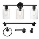 Globe Electric 51851 Bristol 5-Piece All-in-One Bathroom Set, Matte Black, 3-Light Vanity Light with Seeded Glass Shades, Towel Bar, Towel Ring, Robe Hook, Toilet Paper Holder