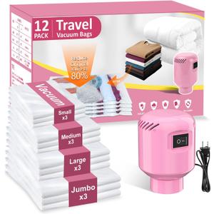 Vacuum Seal Bags for Clothing Travel, 12 Pack Space Saver Vacuum Storage Bags with Electric Pump,Portable Compression Sealer for Clothes, Blankets, Bedding & Travel Essentials,Good for Luggage Packing (Pink Small x3,Medium x3,Large x3,Jumbo x3)