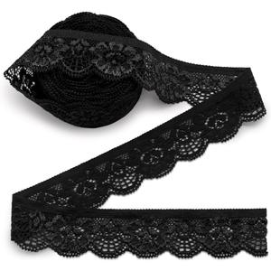 SEMINI 10 Yards 1" Wide Lace Elastic Trim Lace Ribbon Flower Edge Trimming for Sewing Craft Wedding Party Decor Clothes (Black)