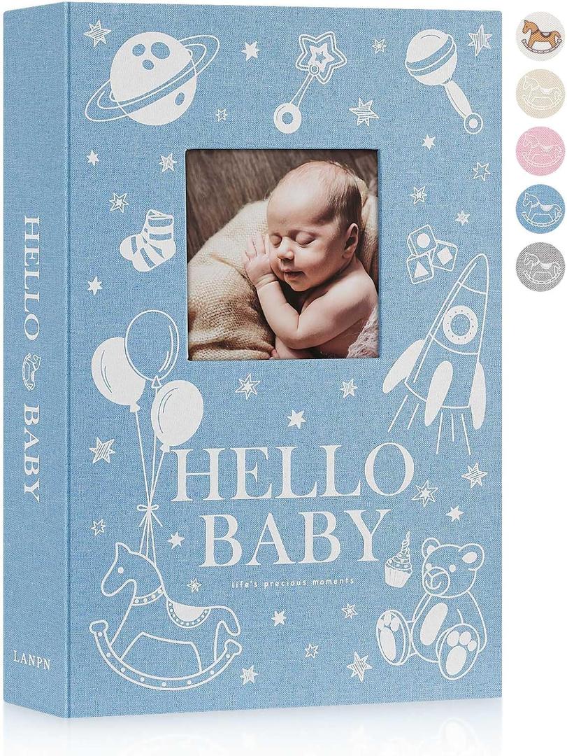 Lanpn Baby Photo Album 4x6 300 Pockets, Linen Newborn Bebe Ultrasound Photo Album with Memo Writing Area, Cover Photo Book, Picture Album for kids, Baby Boy Memory Book Keepsake Blue